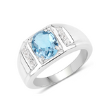 London Blue Topaz with White Topaz Solitaire Sterling Silver Unisex Ring