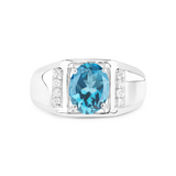 London Blue Topaz with White Topaz Solitaire Sterling Silver Unisex Ring