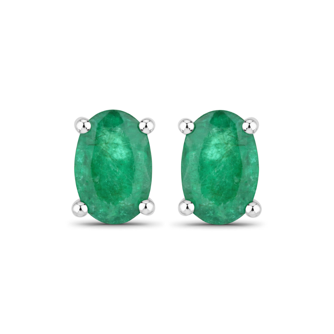 Genuine 10K Zambian Emerald Oval Stud Earrings