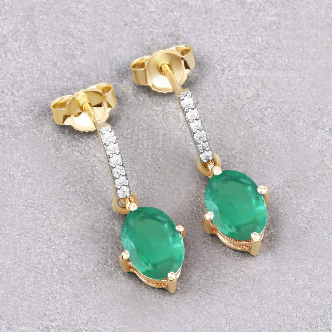 Genuine Zambian Emerald Diamond 10K Gold Oval Earrings