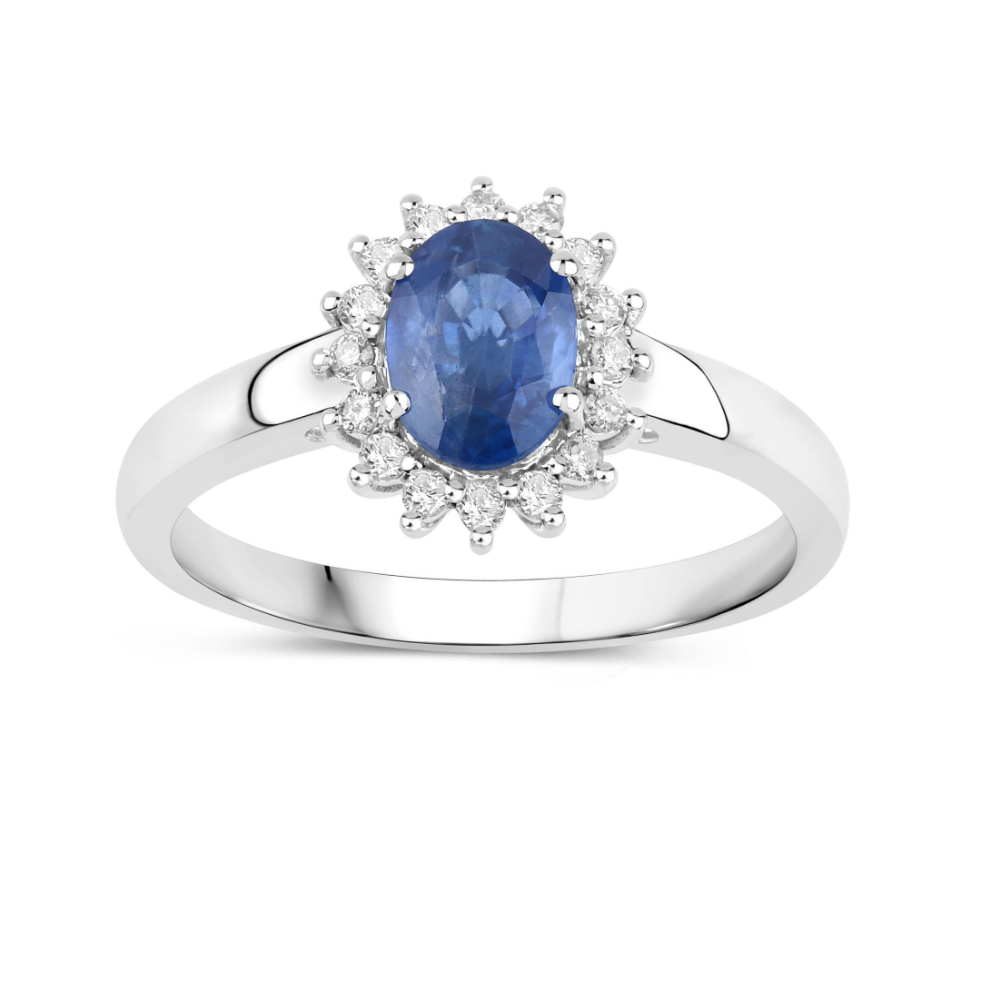 Genuine 10K Blue Sapphire Diamond Halo Ring