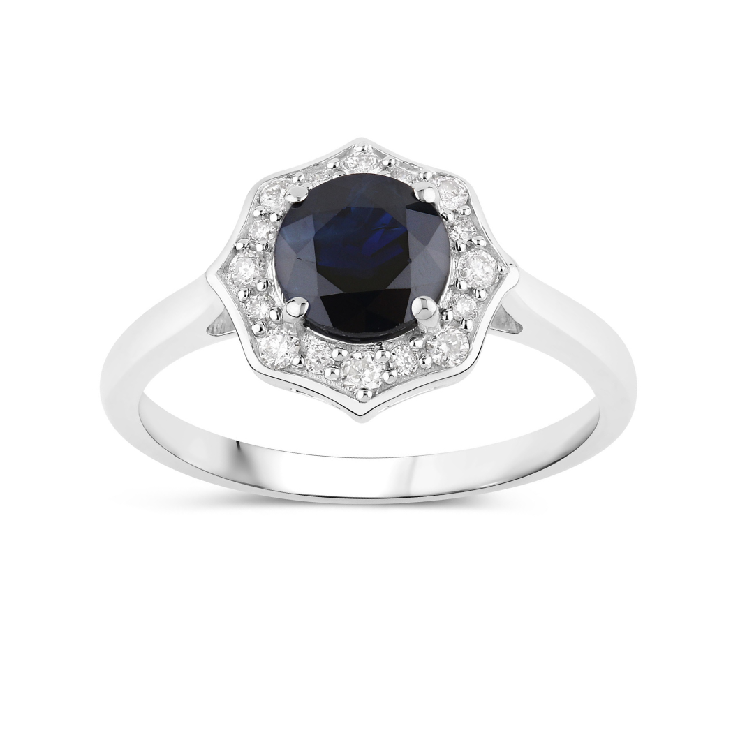 Genuine Blue Sapphire and Diamond 10K Halo Ring
