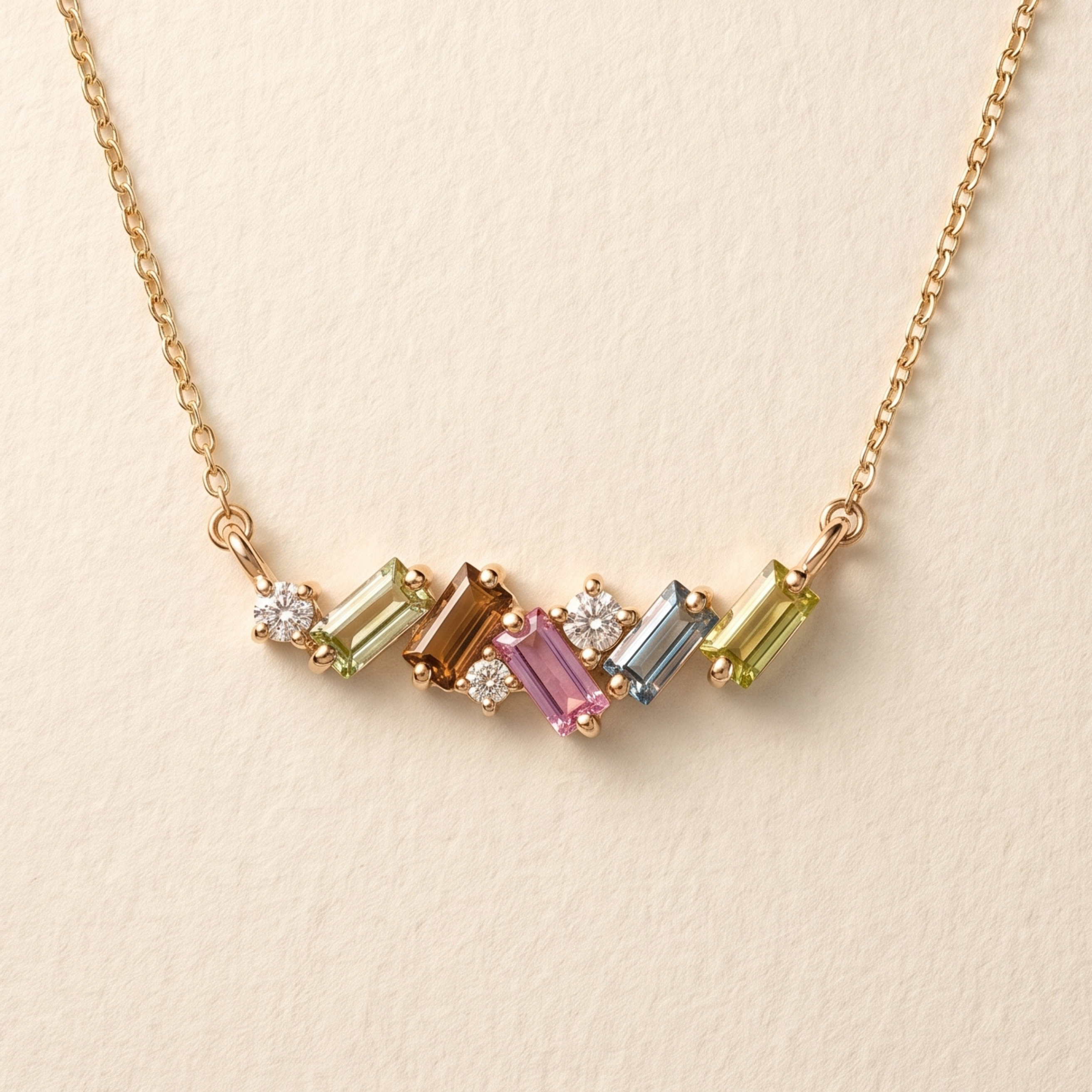 IGI Certified 0.64 Ct Baguette Multi Color Unheated Sapphire and Diamond 14K Yellow Gold Asymmetrical Bar Necklace