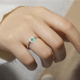 Emerald Halo Solitaire Ring in Rhodium Plated Sterling Silver Dainty Stackable Ring