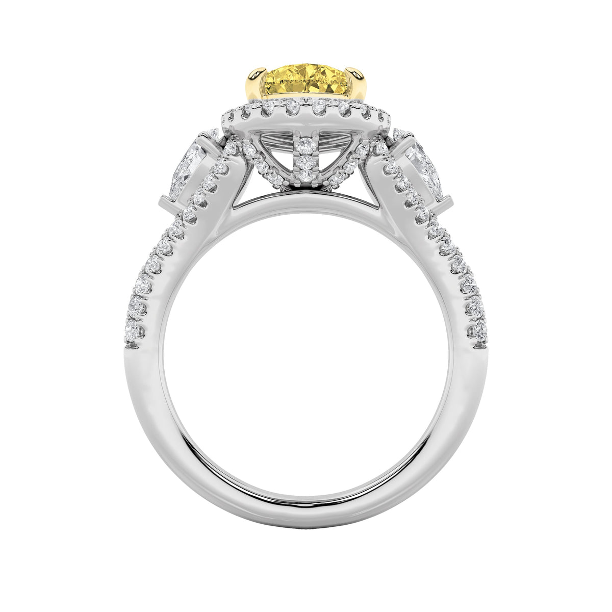 3Cttw Pear Shaped Lab Grown Diamond (F/VS) Three Stone Bold Accented Engagement Ring in 14K Gold