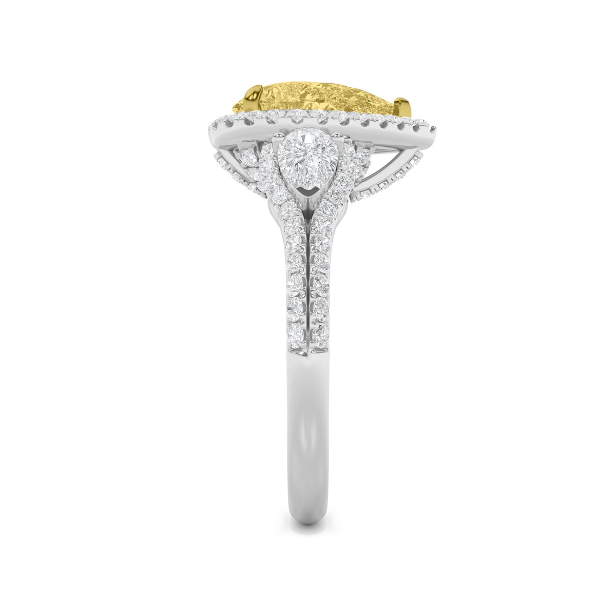 3Cttw Pear Shaped Lab Grown Diamond (F/VS) Three Stone Bold Accented Engagement Ring in 14K Gold