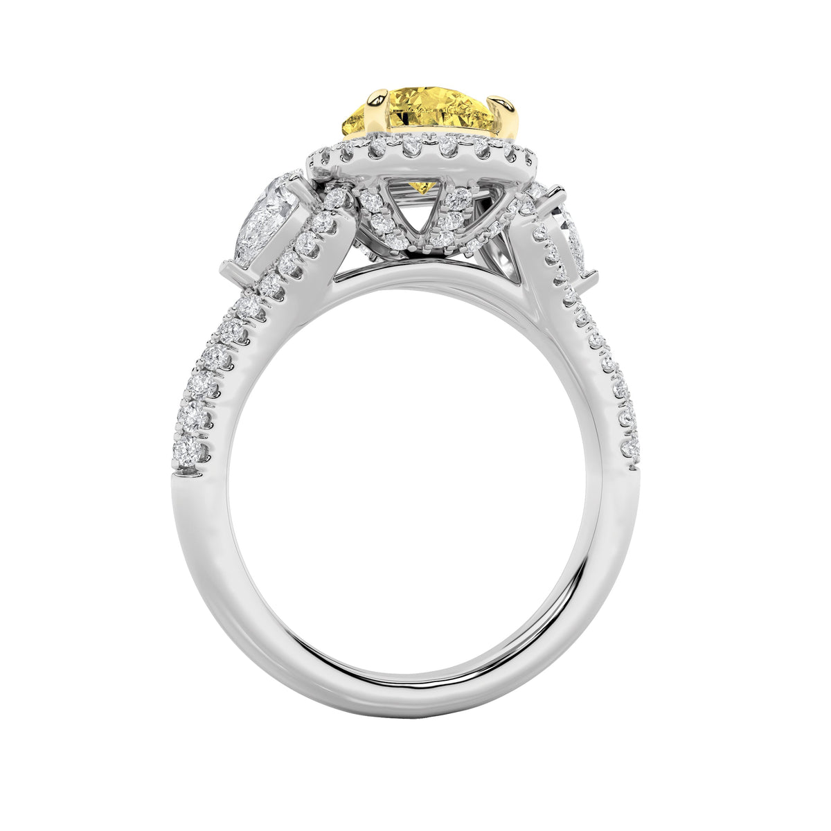 3Cttw Pear Shaped Lab Grown Diamond (F/VS) Three Stone Bold Accented Engagement Ring in 14K Gold