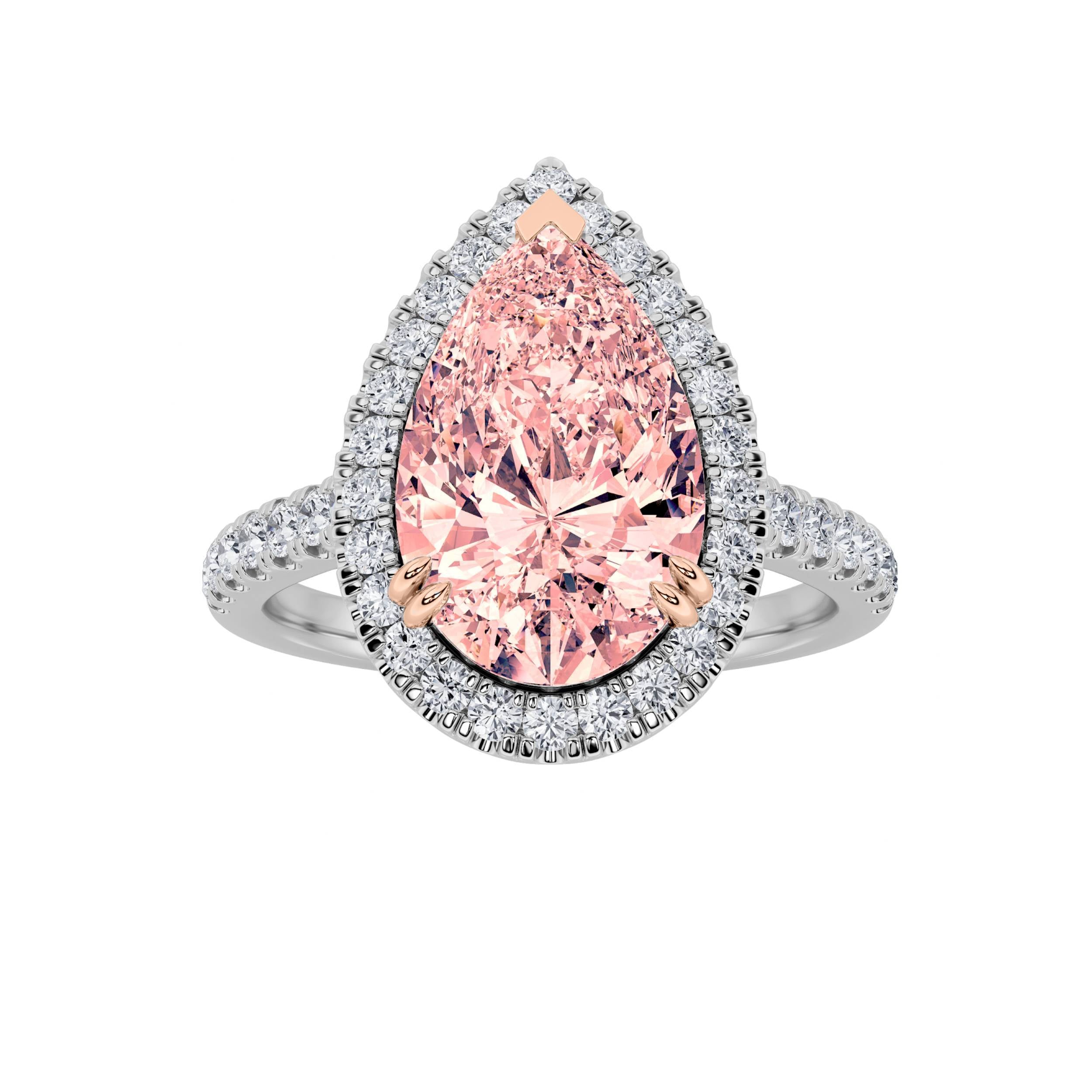 3Cttw Pear Shaped Lab Grown Diamond (F/VS) Bolld Accented Halo Engagement Ring in 14K Gold