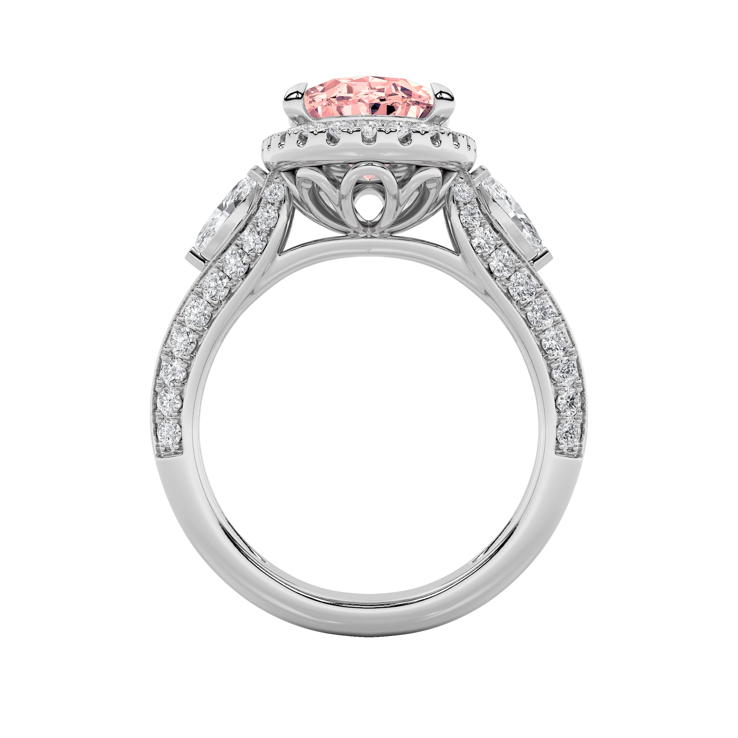 3Cttw Oval Shaped Lab Grown Diamond (F/VS) Three Stone Halo Enagement Ring in 14K Gold
