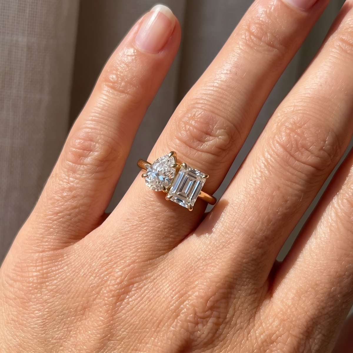 2.450 Cttw Octagon Morganite , Sapphire, Emerald and Lab Diamond 14K Yellow Gold Toi Et Moi Ring