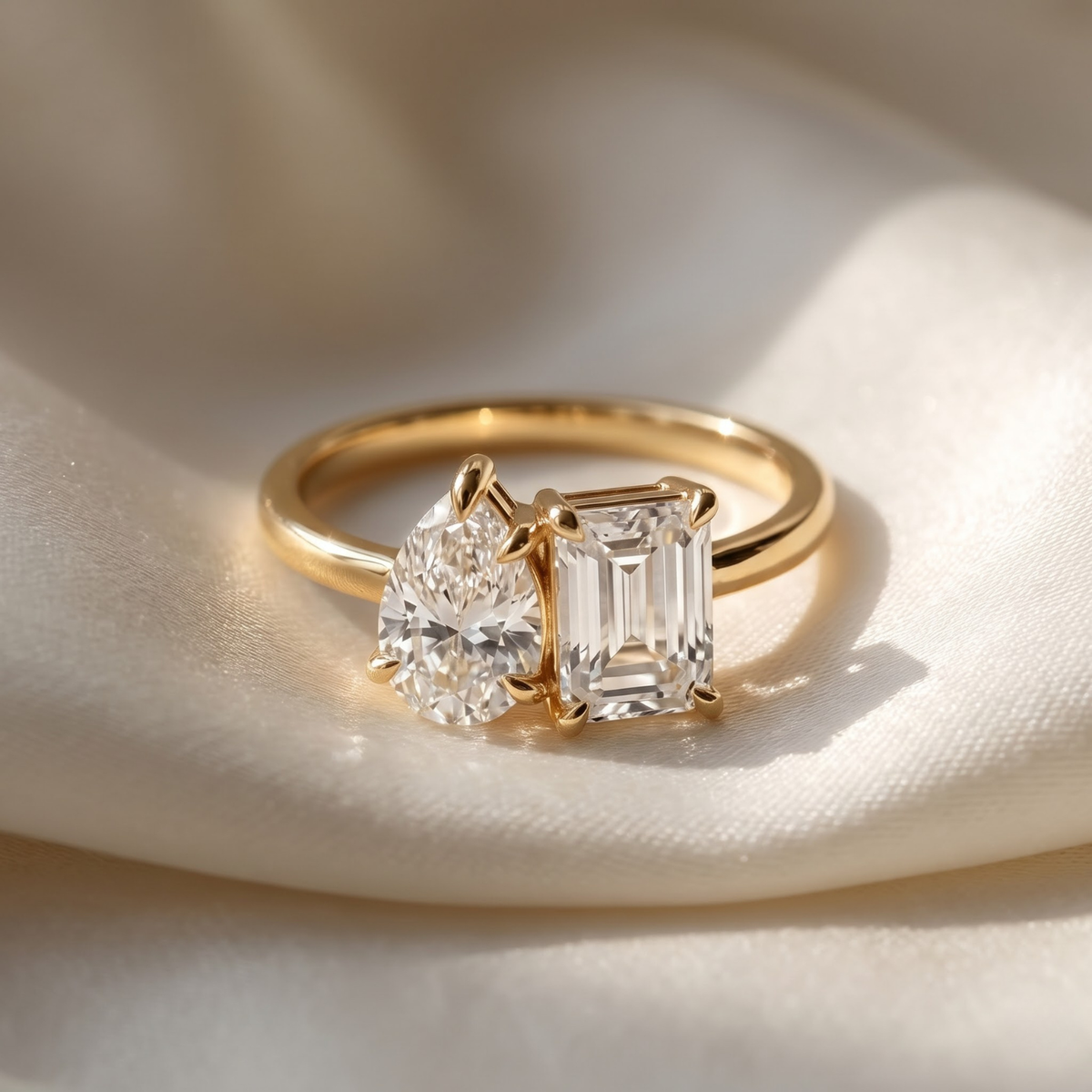 2.450 Cttw Octagon Morganite , Sapphire, Emerald and Lab Diamond 14K Yellow Gold Toi Et Moi Ring