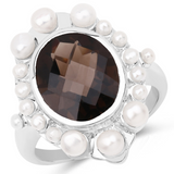 Smoky Quartz and Pearl Silver Halo Ring