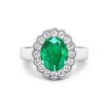 Genuine White Diamond and Zambian Emerald Halo Ring