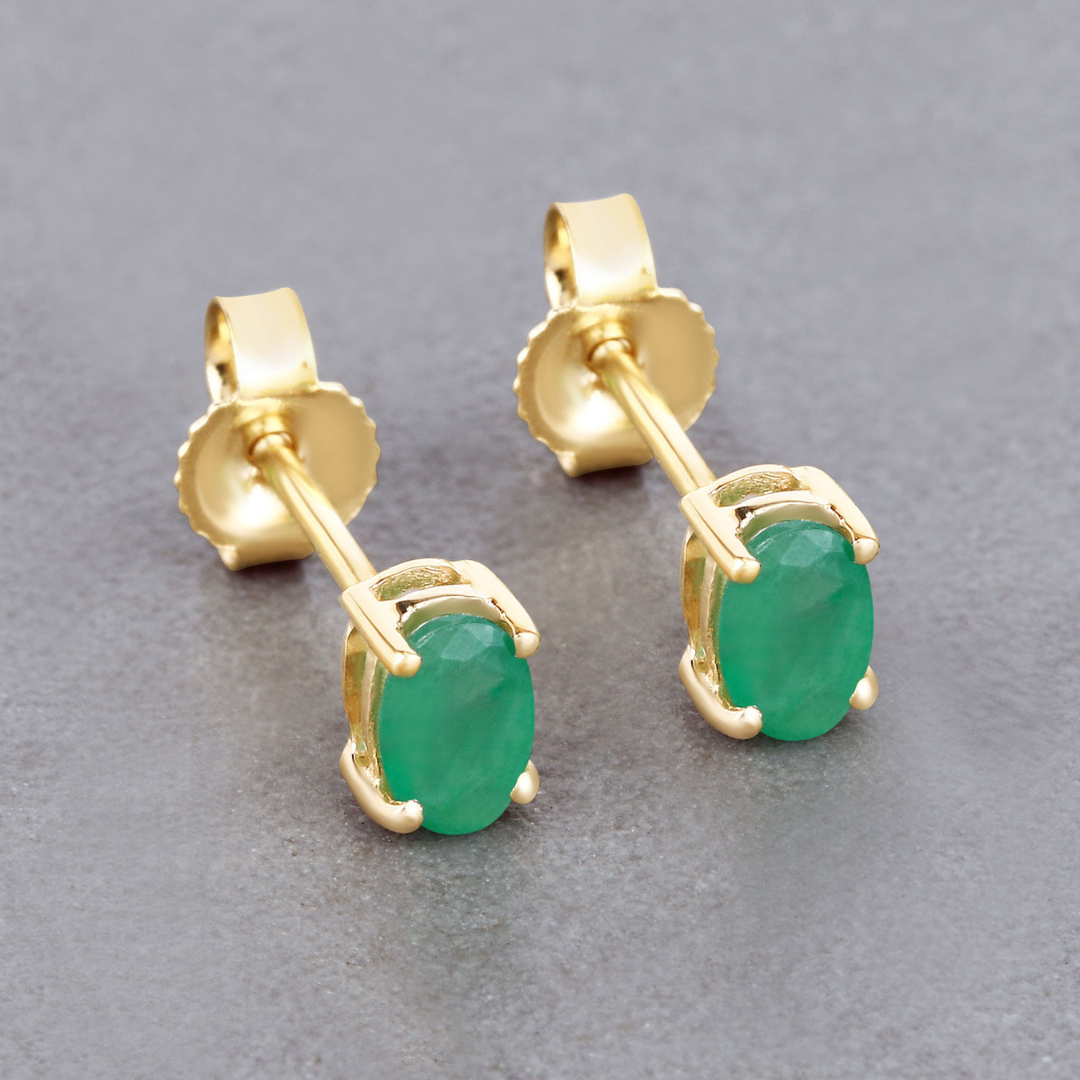 Genuine Green Zambian Emerald 10K Gold Stud Earrings