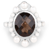 Smoky Quartz and Pearl Silver Halo Ring