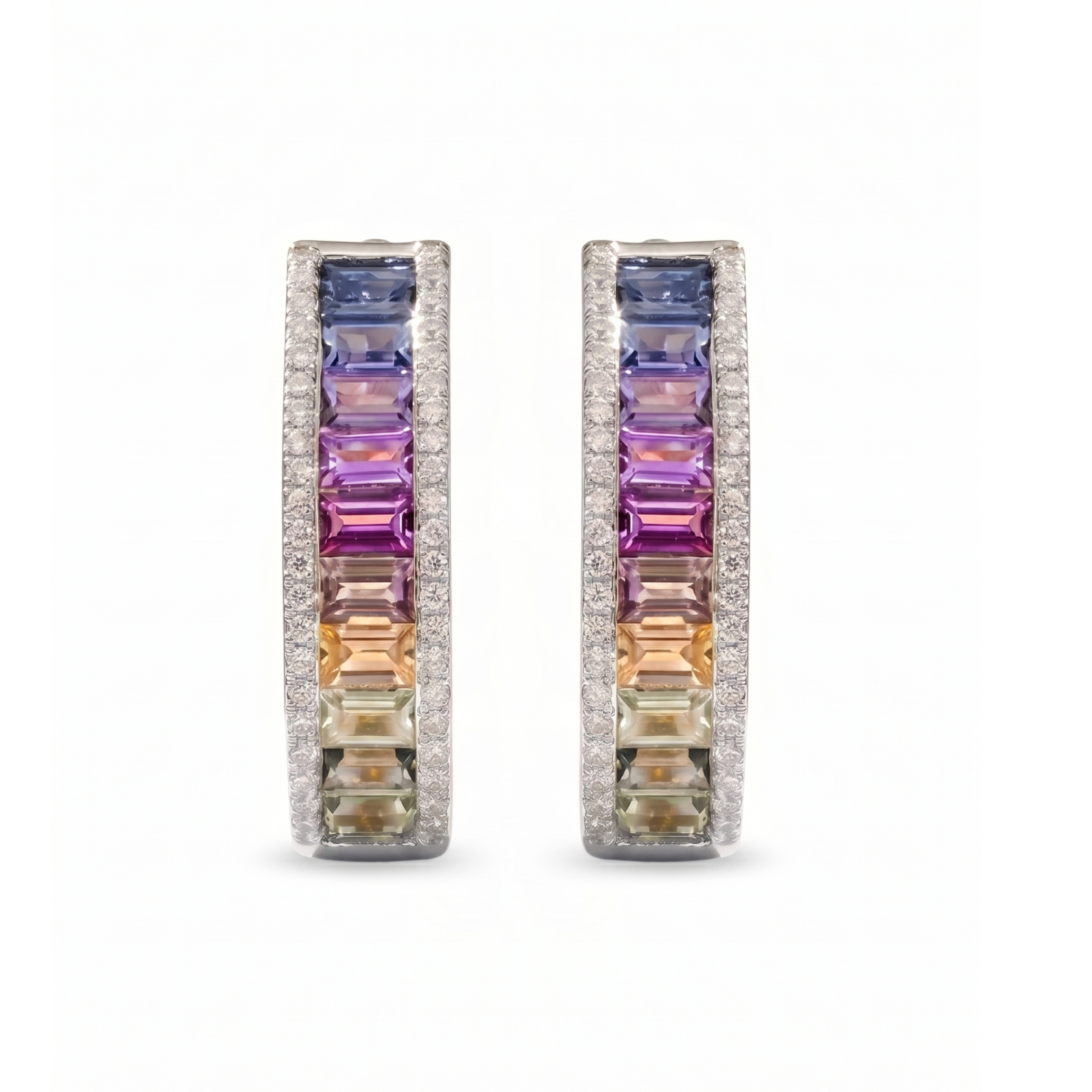 IGI Certified 2.13 Ct Multi Color Unheated Sapphire Diamond channel-set 14K White Gold J Hoop Earrings