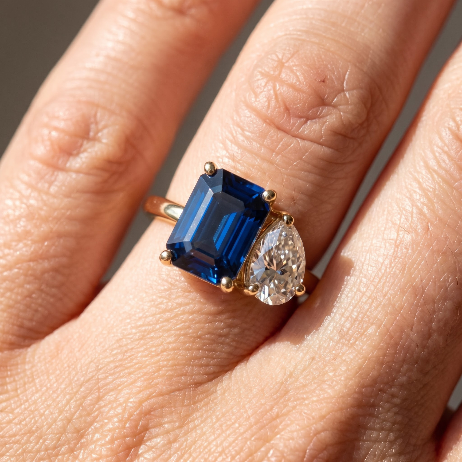 Two-Stone Toi et Moi Octagon and Pear Emerald, Ruby, Sapphire and Lab Diamond 14K Yellow Gold Ring