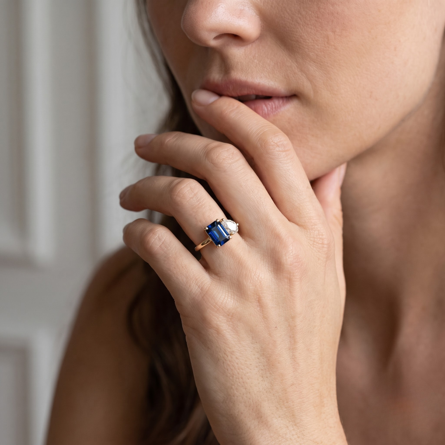 Two-Stone Toi et Moi Octagon and Pear Emerald, Ruby, Sapphire and Lab Diamond 14K Yellow Gold Ring