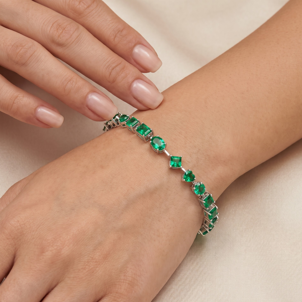 9.29 CTTW  Multi-Shape Green Created Colombian Emerald Rhodium-Plated Silver Multi-Stone Bracelet