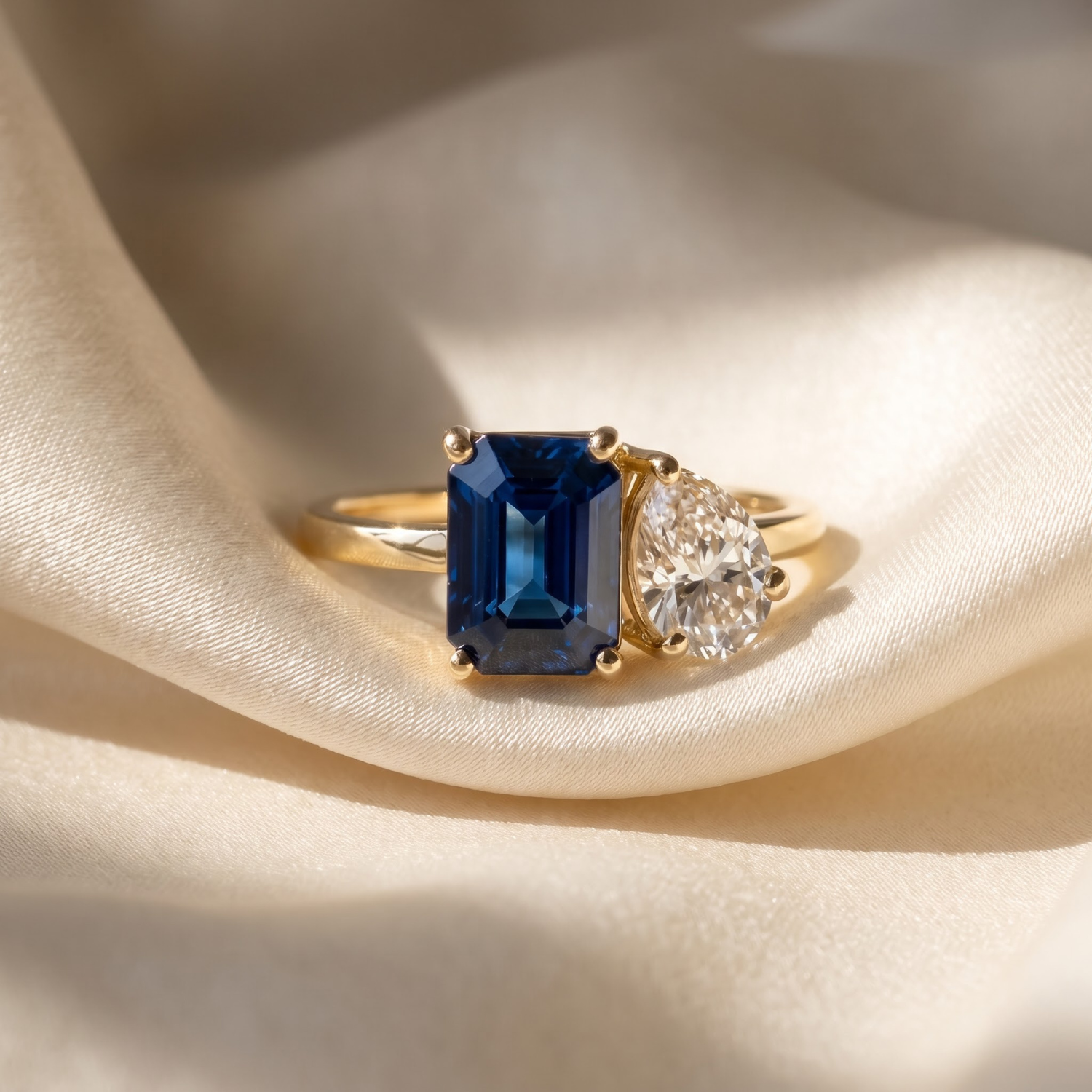 Two-Stone Toi et Moi Octagon and Pear Emerald, Ruby, Sapphire and Lab Diamond 14K Yellow Gold Ring