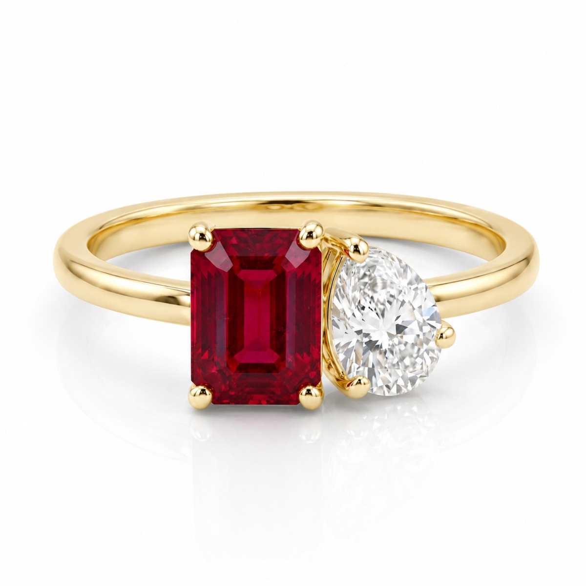 Two-Stone Toi et Moi Octagon and Pear Emerald, Ruby, Sapphire and Lab Diamond 14K Yellow Gold Ring
