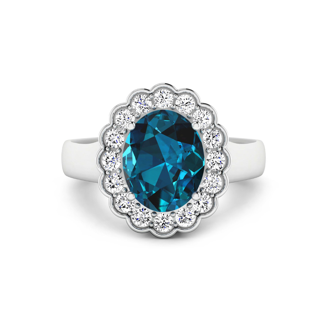 Genuine London Blue Topaz and White Diamond Halo Ring
