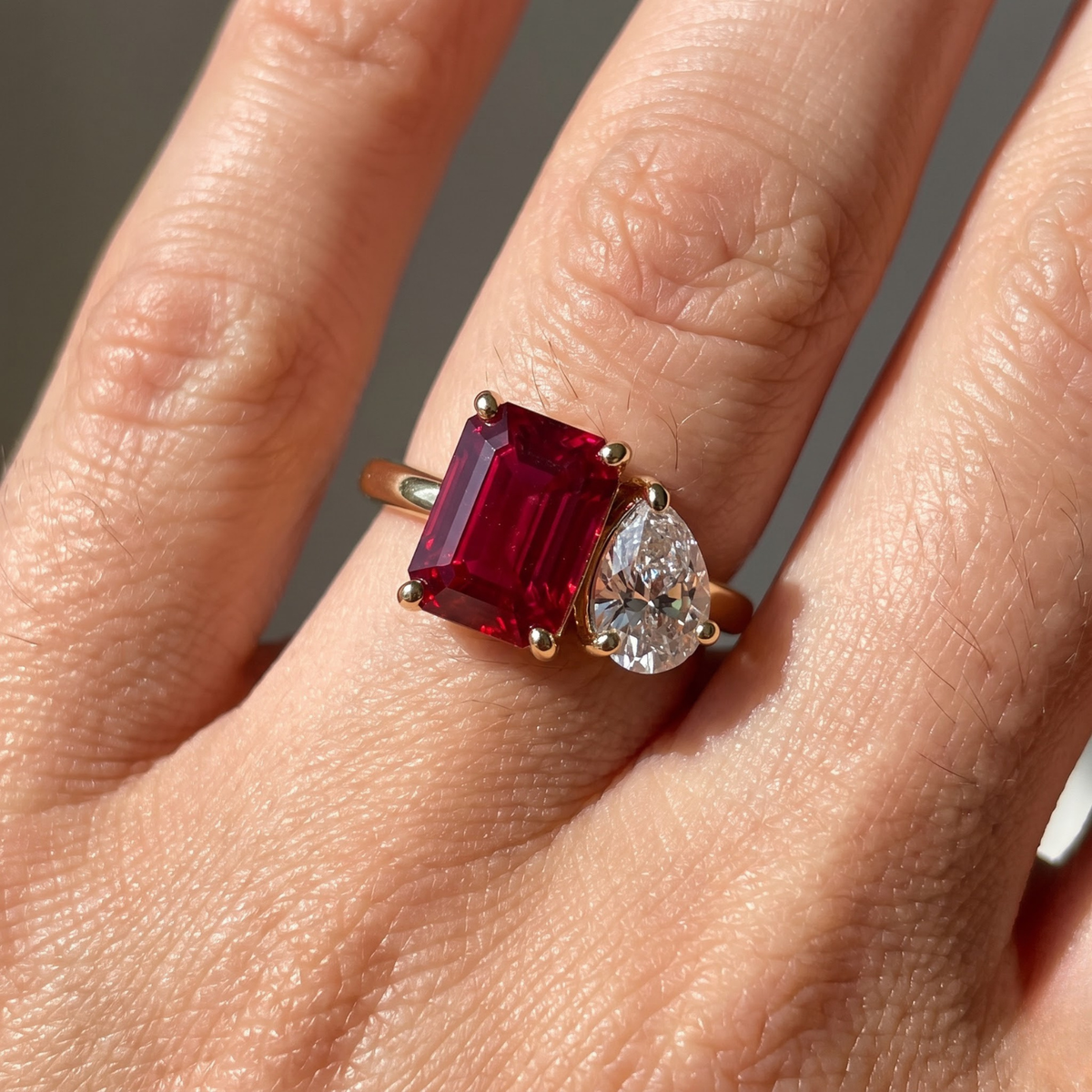 Two-Stone Toi et Moi Octagon and Pear Emerald, Ruby, Sapphire and Lab Diamond 14K Yellow Gold Ring