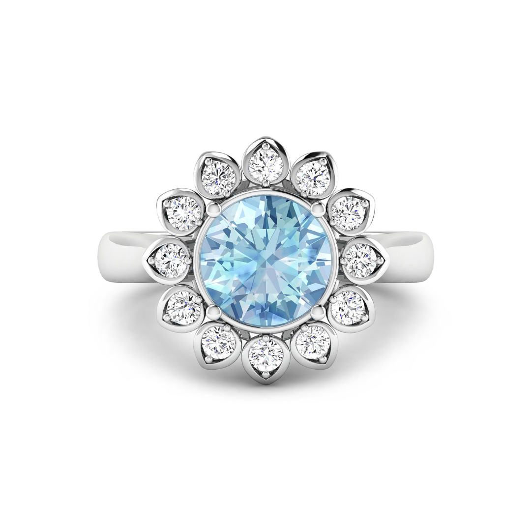 Genuine Diamond and Aquamarine Halo Ring