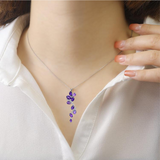 model wearing amethyst pendant, model wearing amethys jewelry, affordable amethyst jewelry, amethyst leaf pendant