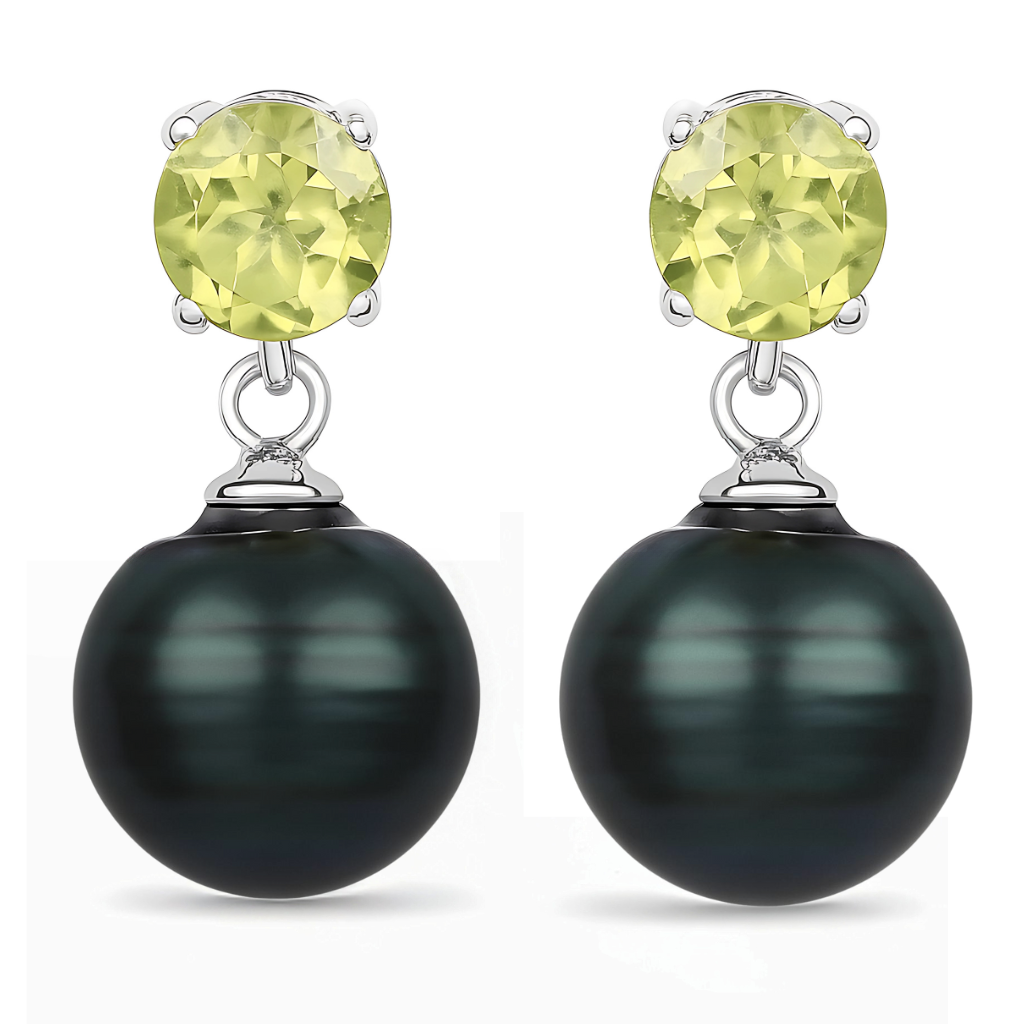 Peridot Black Tahitian Pearl Dangle Earrings