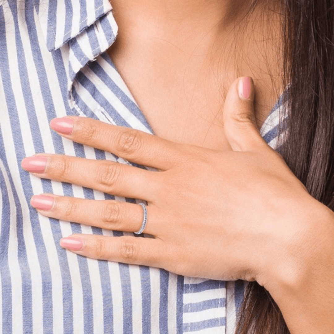 eternity band on model, model wearing lab created diamond jewelry