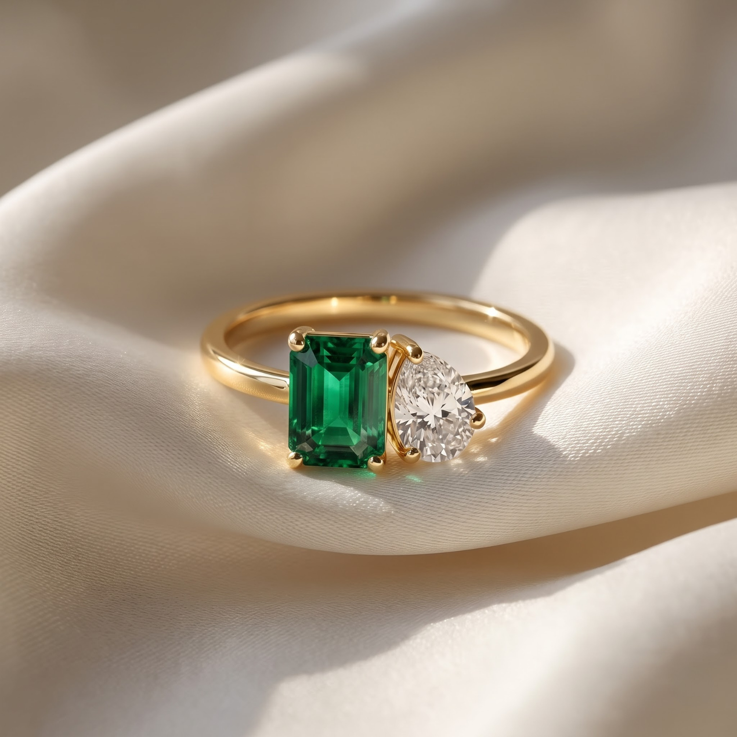 Two-Stone Toi et Moi Octagon and Pear Emerald, Ruby, Sapphire and Lab Diamond 14K Yellow Gold Ring