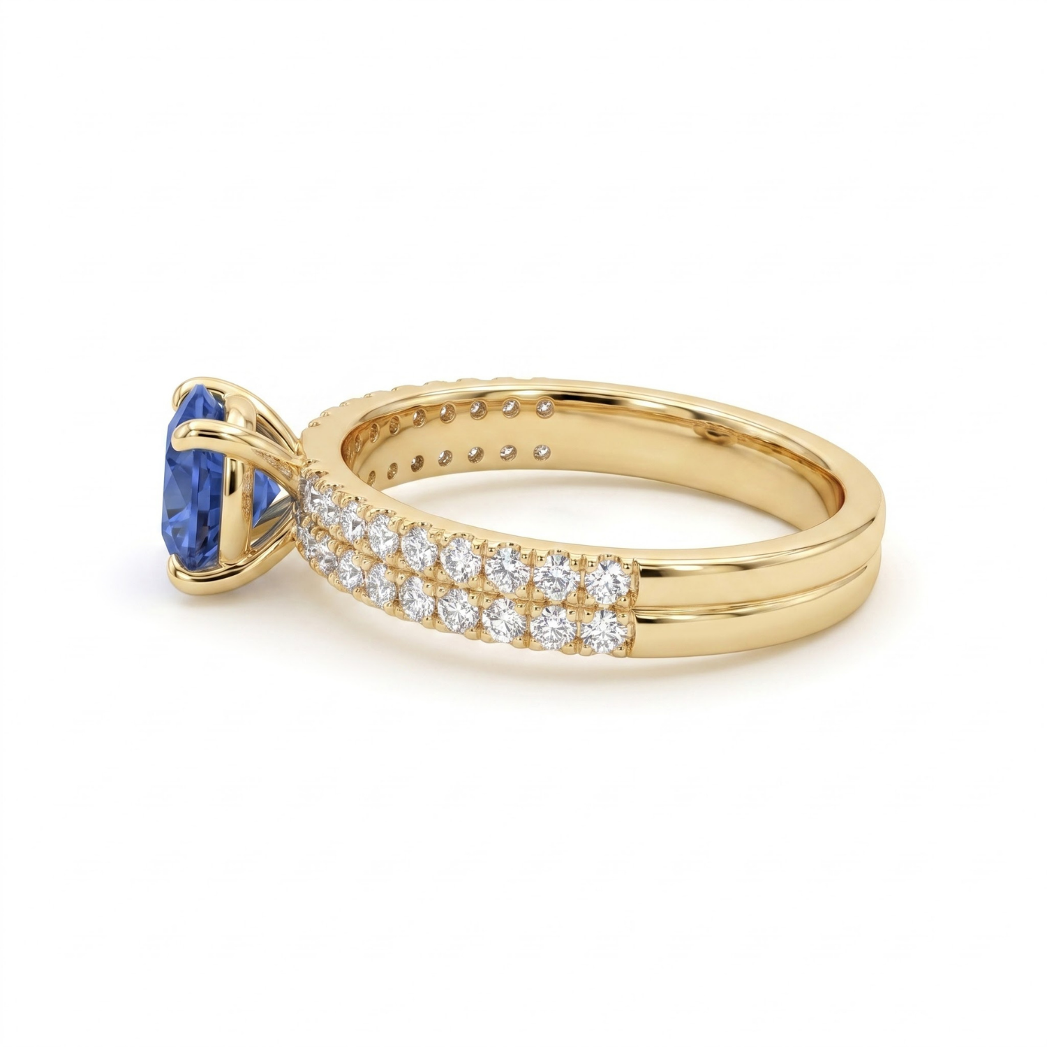 1.30 CTTW Round Gemstone Pav Diamond Double Row Band 14k Yellow Gold Engagement Ring