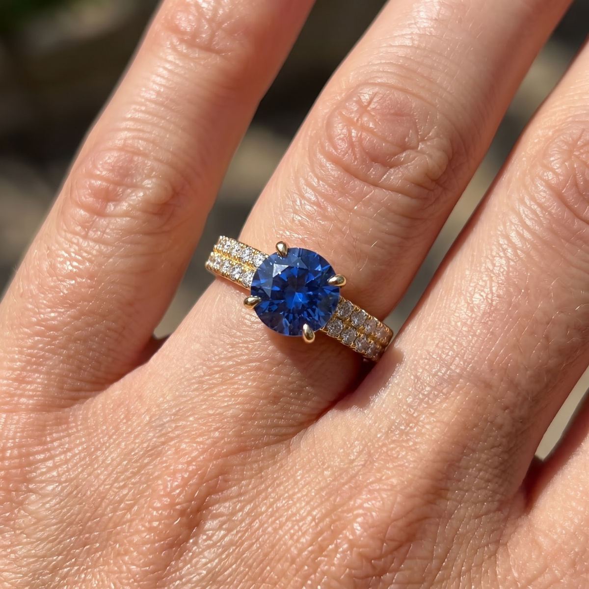 1.30 CTTW Round Gemstone Pav Diamond Double Row Band 14k Yellow Gold Engagement Ring
