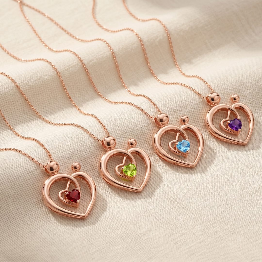 Genuine Garnet Heart Mom Necklace Silver