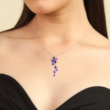 model wearing amethyst jewelry, model wearing pendant necklace