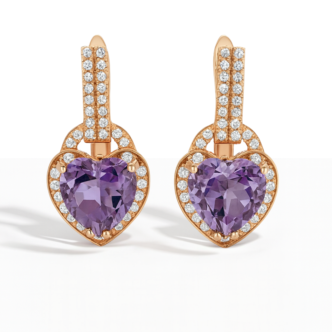 Natural Amethyst Heart Leverback Silver Drop Earrings