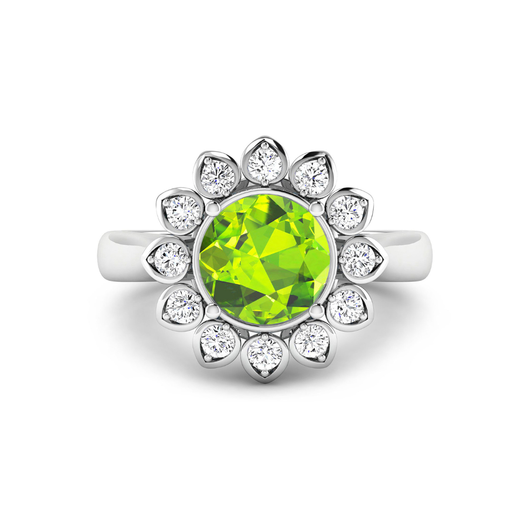 Genuine Peridot and White Diamond Halo Ring