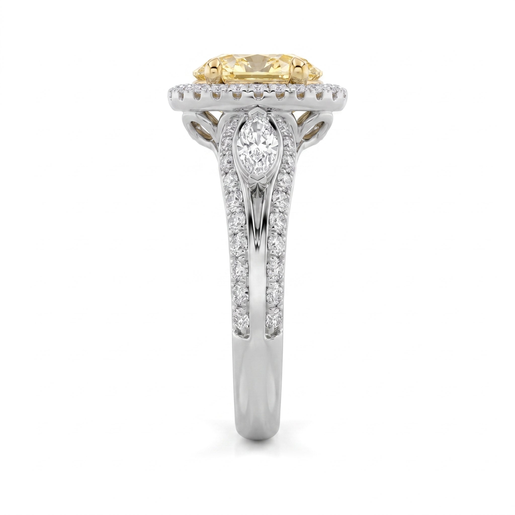 3Cttw Oval Shaped Yellow Lab Grown Diamond (F/VS) Three Stone Halo Enagement Ring 14K Gold