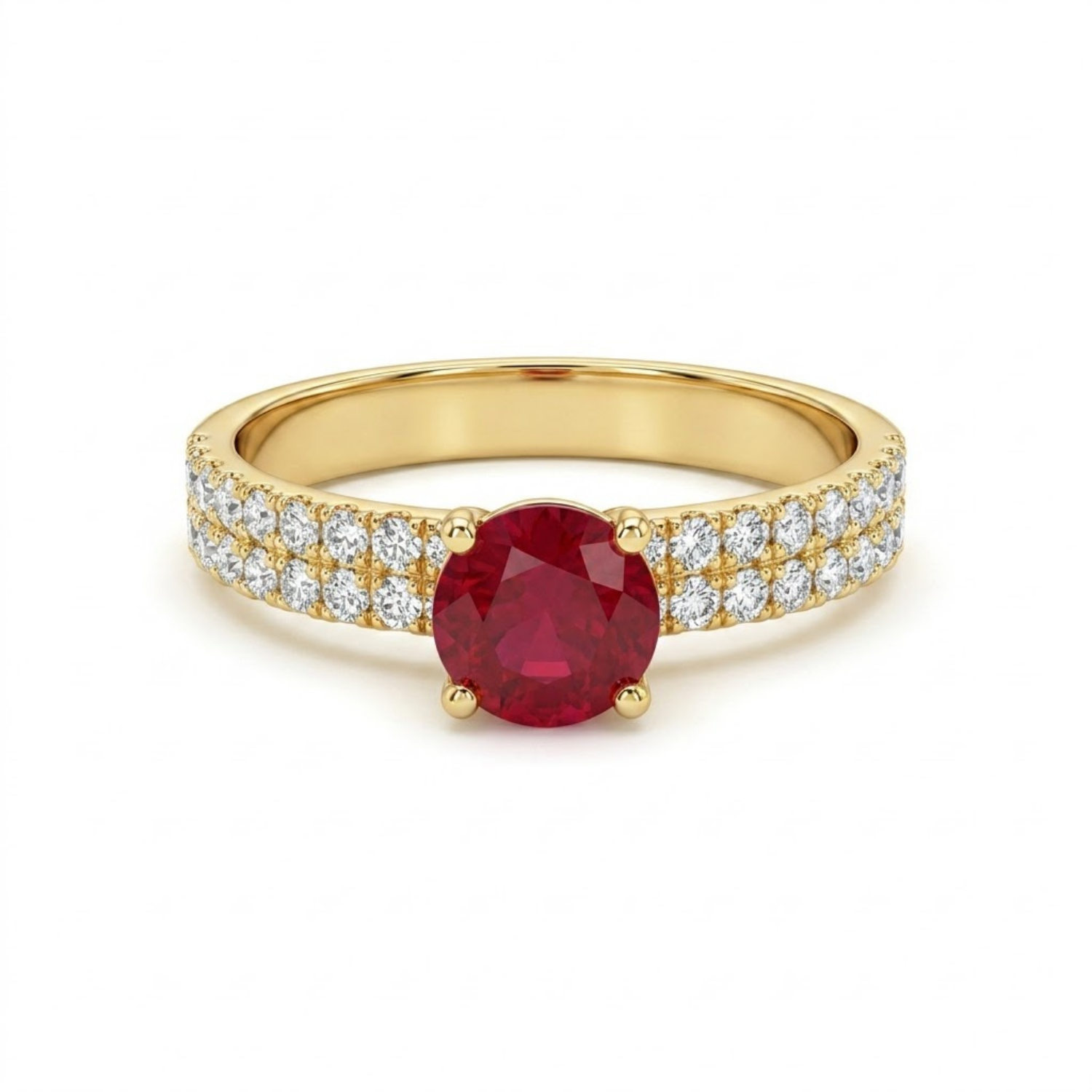1.30 CTTW Round Gemstone Pav Diamond Double Row Band 14k Yellow Gold Engagement Ring