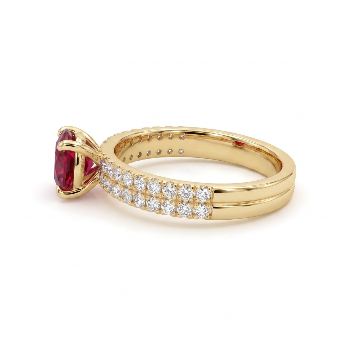 1.30 CTTW Round Gemstone Pav Diamond Double Row Band 14k Yellow Gold Engagement Ring