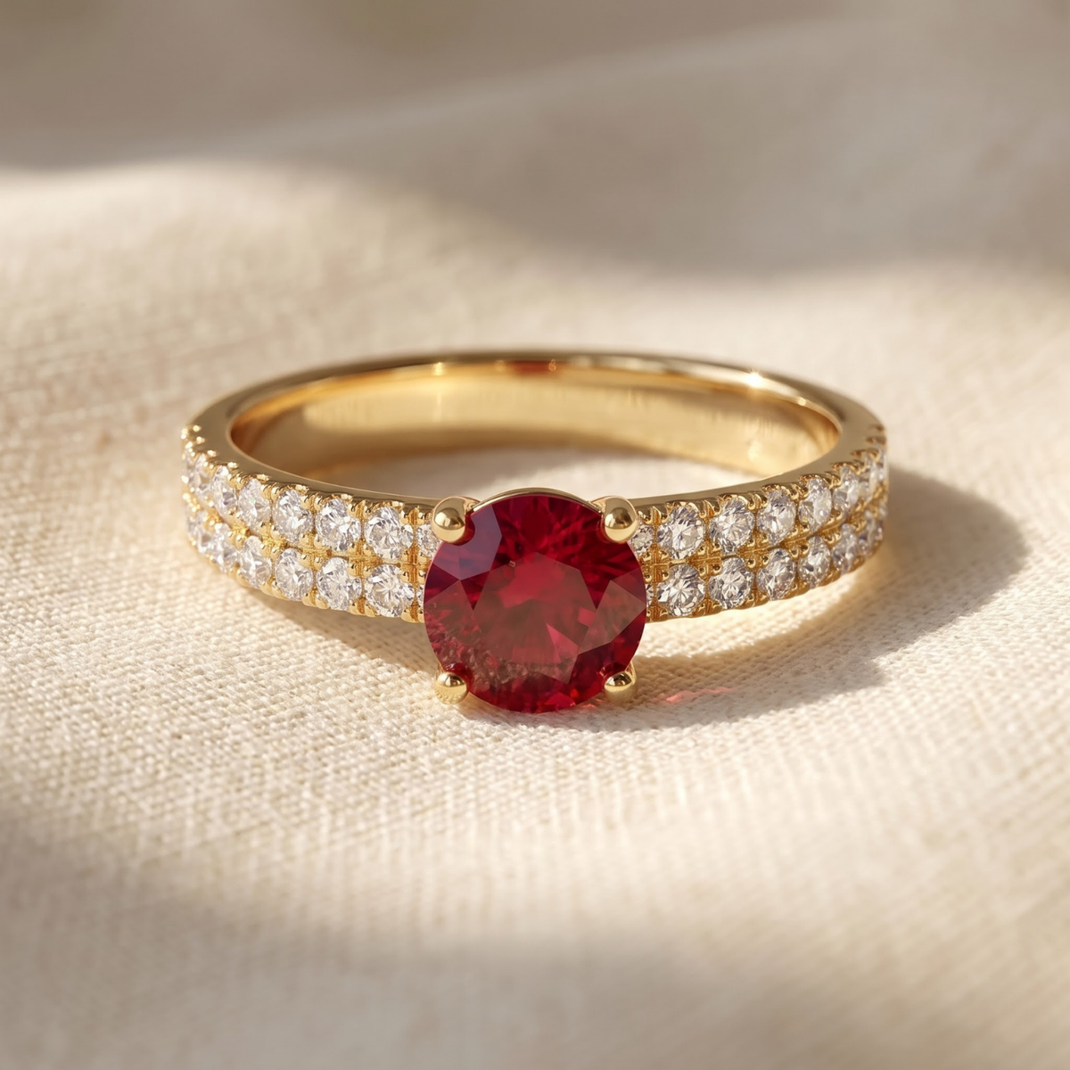 1.30 CTTW Round Gemstone Pav Diamond Double Row Band 14k Yellow Gold Engagement Ring