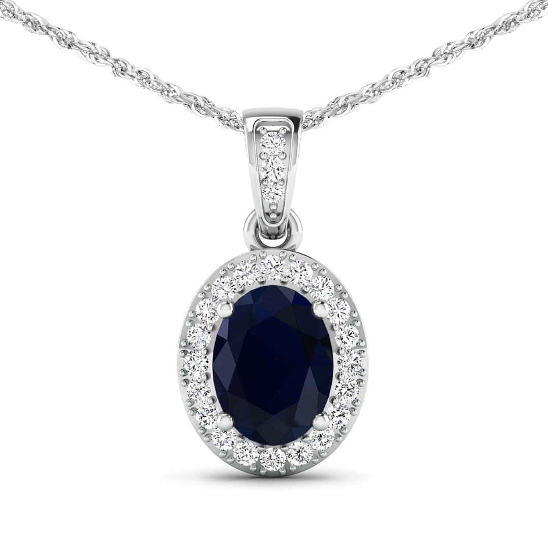 14K White Gold Blue Sapphire Diamond Pendant