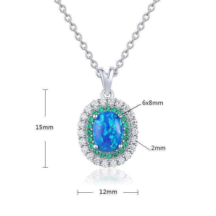 Blue Opal Oval Halo Necklace - FineColorJewels