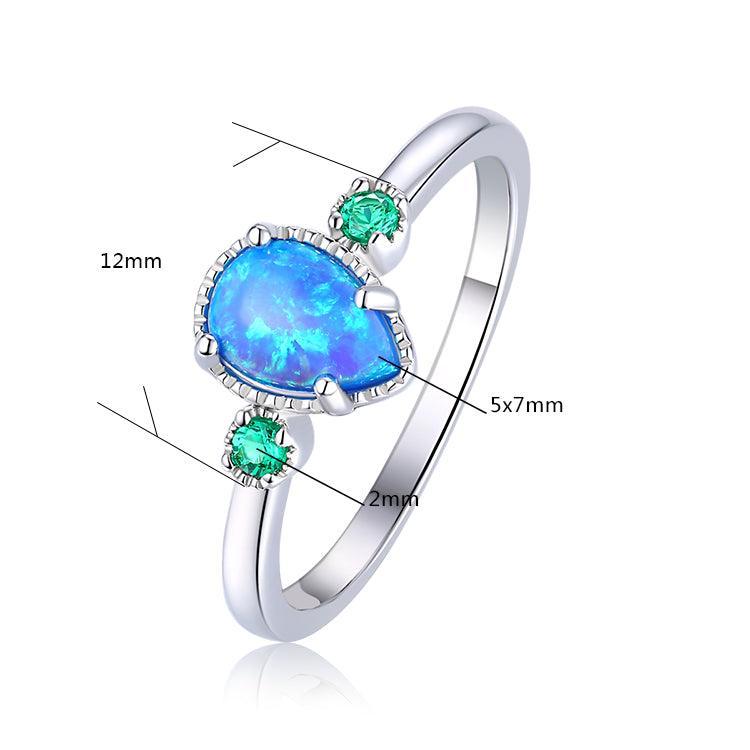 Blue opal ring sterling silver ring rhodium-plated ring lab-grown opal Three Stone Ring 925 Sterling Silver Stacking Opal Ring opal teardrop ring opal engagement ring opal gemstone ring Emerald Cut Ring engagement ring Best Gifts For Women 