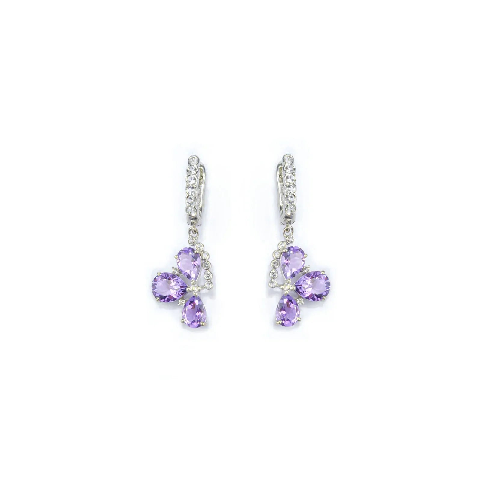 Natural Amethyst Three Stone Silver Dangle Earrings