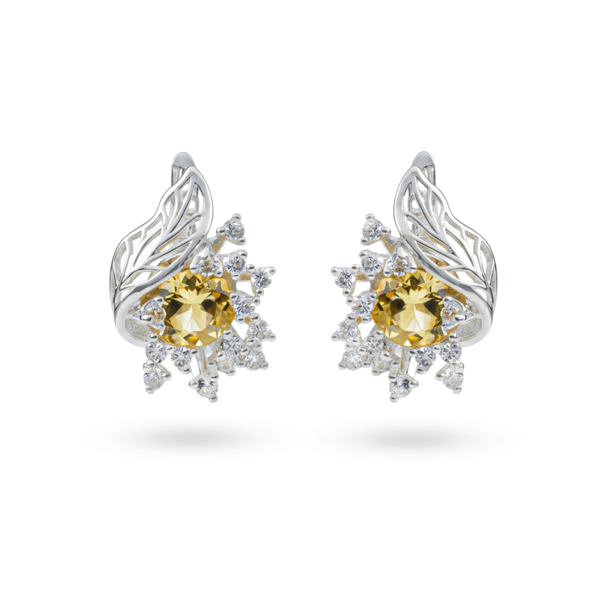 Yellow Natural Citrine Silver Floral Earrings