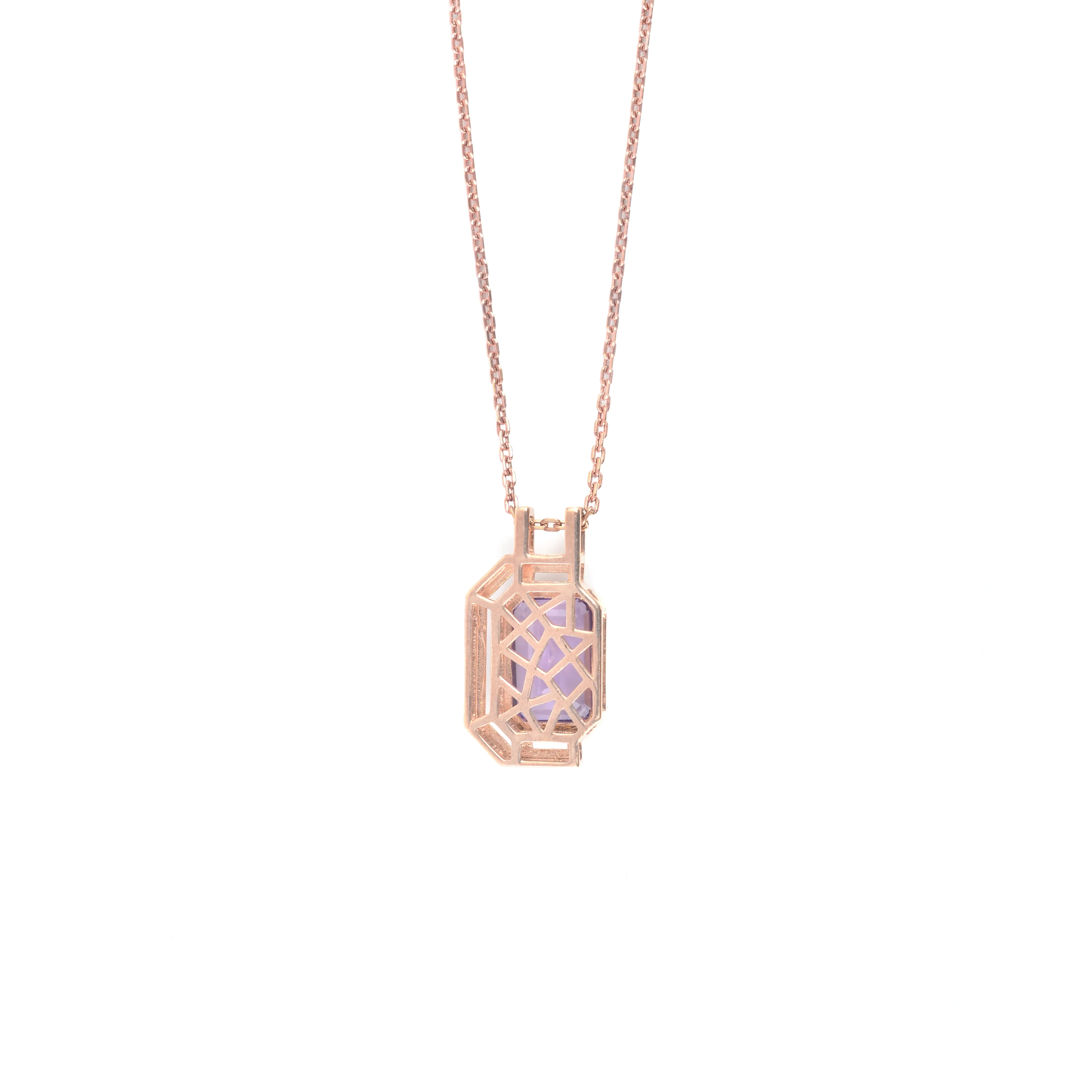 Pink Gold Emerald Cut Amethyst Pendant Necklace