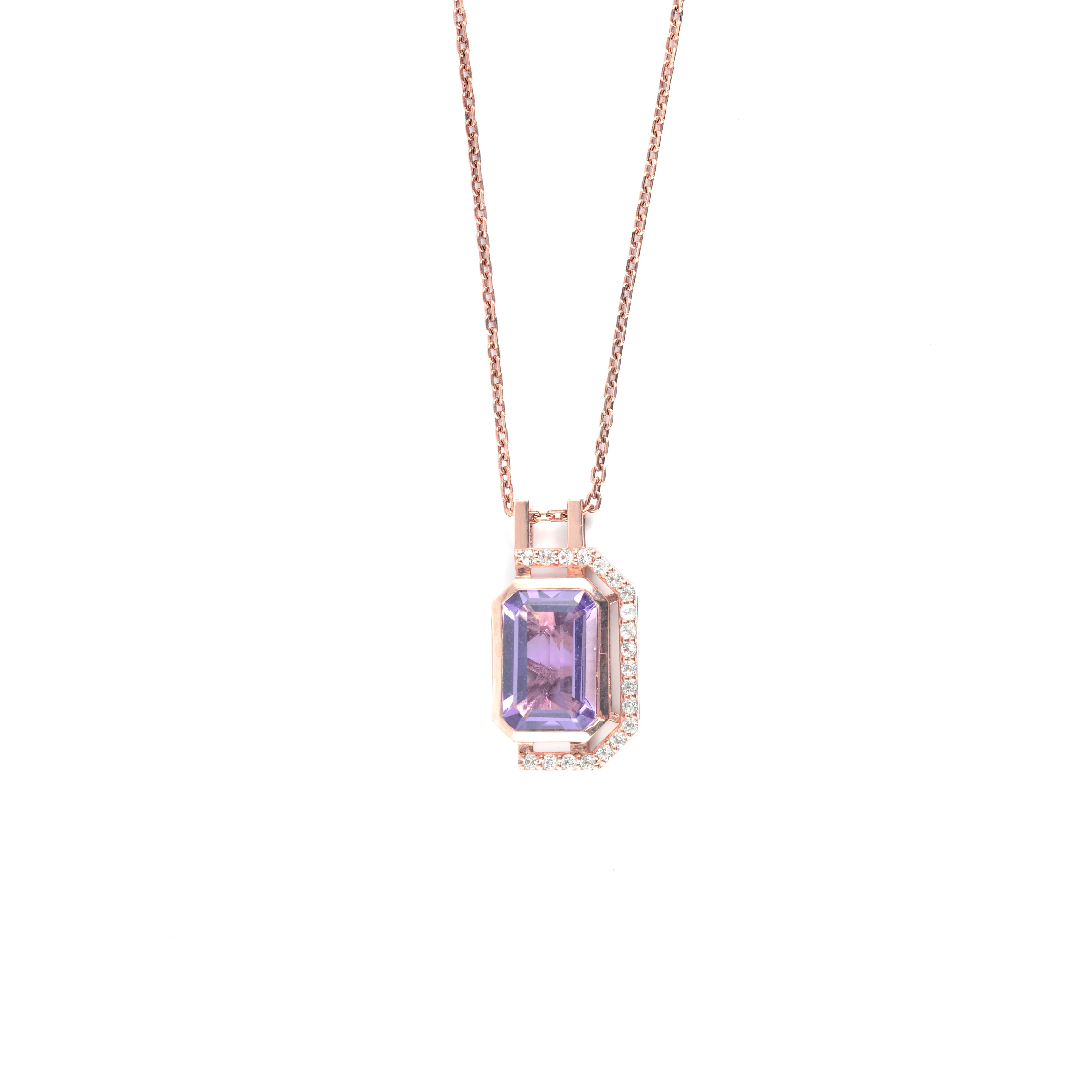 Pink Gold Emerald Cut Amethyst Pendant Necklace