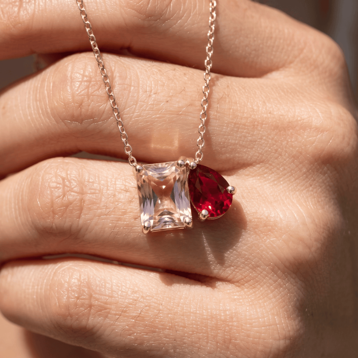 2.50 Cttw Pear Red Ruby and Morganite 14k Yellow Gold Toi et Moi Pendant Necklace